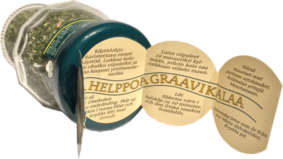 Graavin yrttisuolan kannessa on ohjeet nopeaan kalan graavaukseen suomeksi ja ruotsiksi